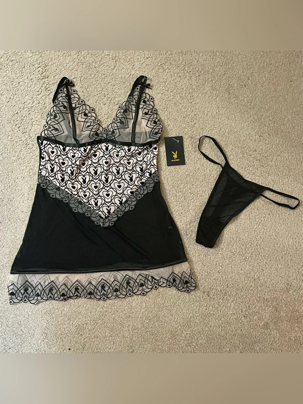 Playboy Bunny Heart Black Mesh Lingerie Teddy Panty Set Medium BNWT
